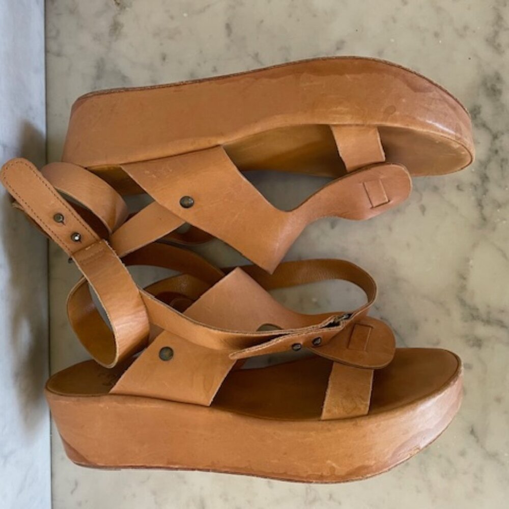 COCLICO Leather Platform Sandals Ankle Leg Wrap Tan Vintage 37